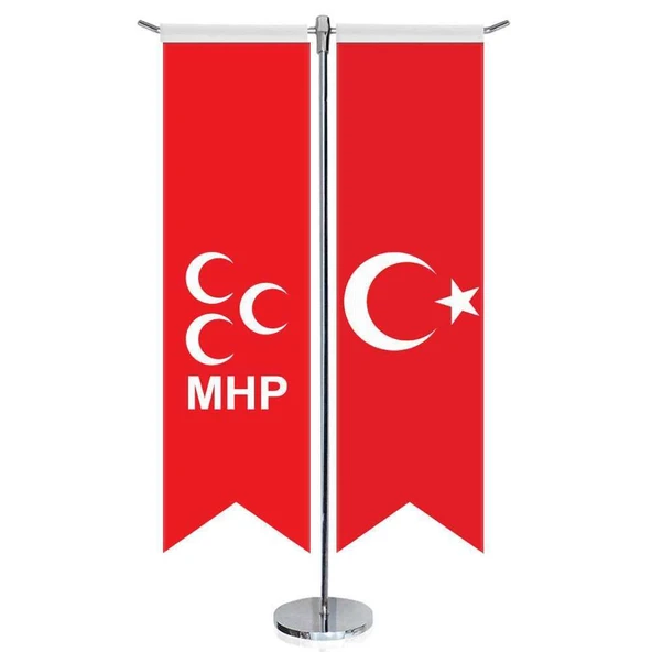 Milliyetçi Hareket Partisi(MHP)Kırmızı Bayrağı ve Türkiye -Kırlangıç -Saten T direk 2li Masa Bayrağı ürün görseli 1