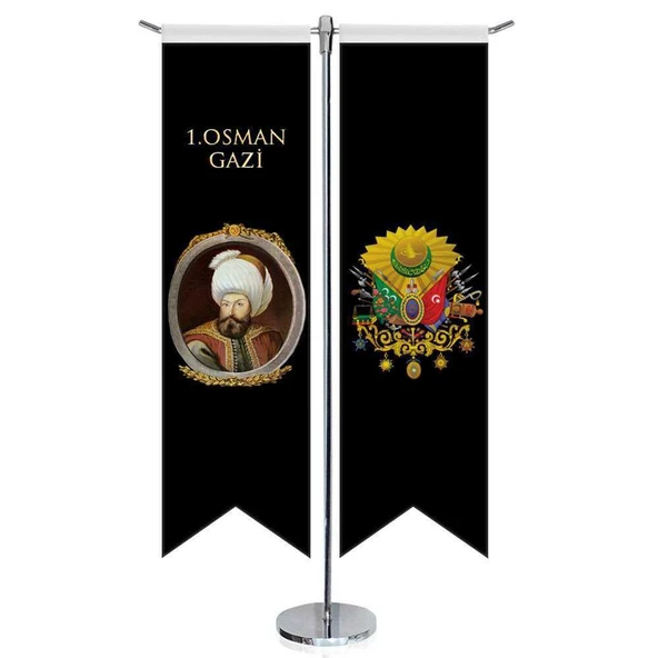 Osmanlı Padişahları - I. Osman Gazi ve Osmanlı Arması - Kırlangıç - Saten T direk 2li Masa Bayrağı ürün görseli 1