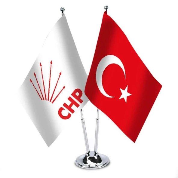 Beyaz, CHP ve Türkiye - İkili Saten Masa Bayrağı ürün görseli 1