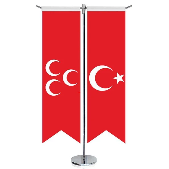 Osmanlı Kırmızı Üç Hilal Bayrağı ve Türkiye -Saten T direk 2li Masa Bayrağı ürün görseli 1