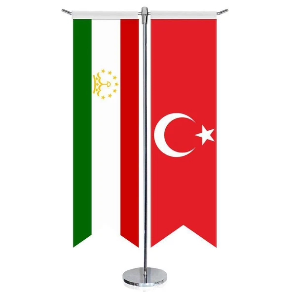 Tacikistan Bayrağı ve Türkiye - Kırlangıç - Saten T direk 2li Masa Bayrağı ürün görseli 1