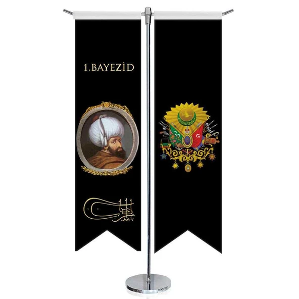 Osmanlı Padişahları - I. Bayezid -Beyazıt ve Osmanlı Arması-Kırlangıç-Saten T direk 2li Masa Bayrağı ürün görseli 1