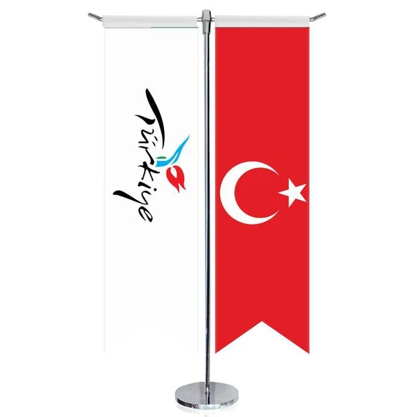 Turkey Logolu ve Türkiye - Kırlangıç -Saten T direk 2li Masa Bayrağı ürün görseli 1
