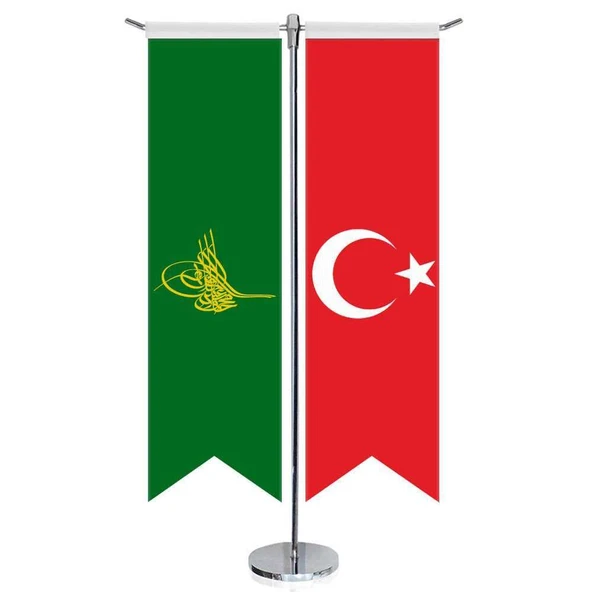 Yeşil Osmanlı Tuğrası Bayrağı ve Türkiye -Kırlangıç -Saten T direk 2li Masa Bayrağı ürün görseli 1