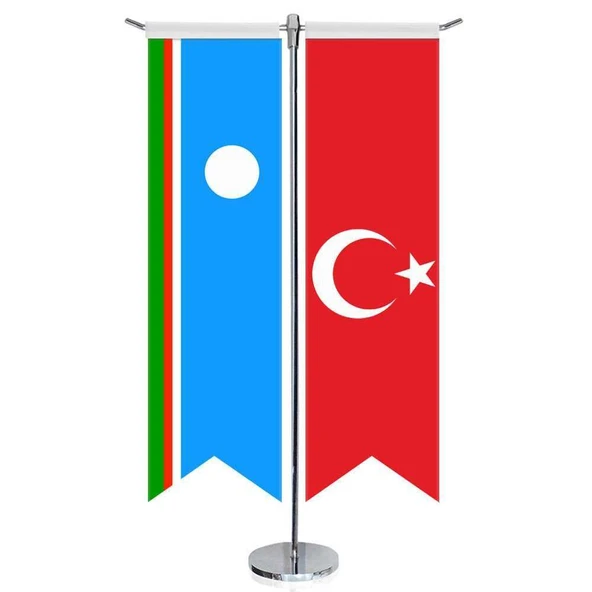 Yakutistan -Saha Cumhuriyeti Bayrağı ve Türkiye - Kırlangıç - Saten T direk 2li Masa Bayrağı ürün görseli 1