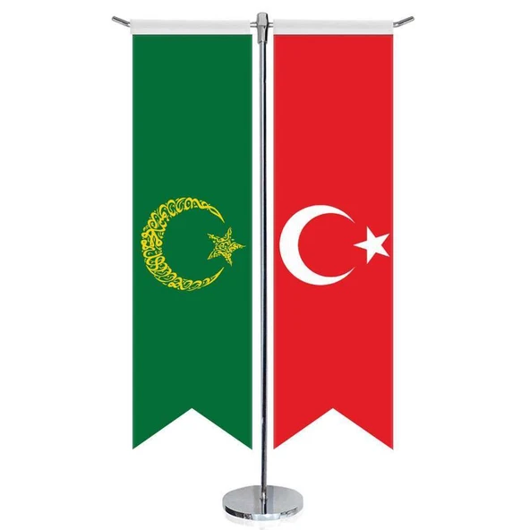 Yeşil Ayyıldız Kelime-i Tehvid Bayrağı ve Türkiye - Kırlangıç -Saten T direk 2li Masa Bayrağı ürün görseli 1