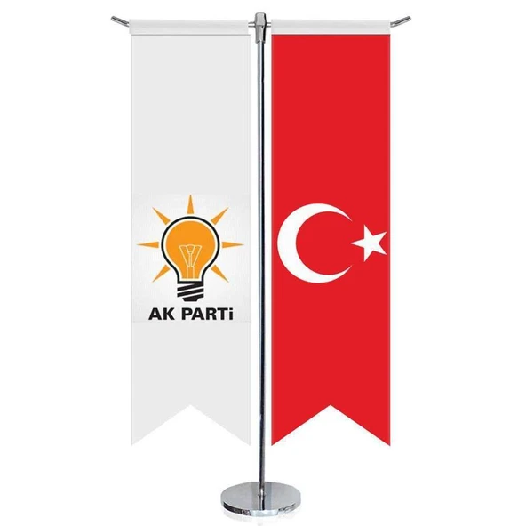 Beyaz AkParti (AKP) Bayrağı ve Türkiye - Kırlangıç - Saten T direk 2li Masa Bayrağı ürün görseli 1