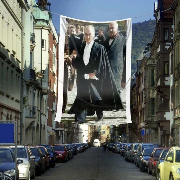 Pelerinli Gazi Mustafa Kemal Atatürk Poster Cephe Bayrağı- 4x6 metre ürün görseli 1