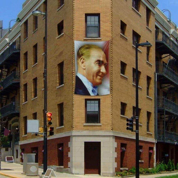 Gülümseyen Mustafa Kemal Atatürk Yan Portre Poster Cephe Bayrağı - 2x3 metre ürün görseli 1