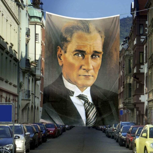 Sivil Mustafa Kemal Atatürk Portre Poster Dış Cephe Bayrağı - 6x9 metre ürün görseli 1