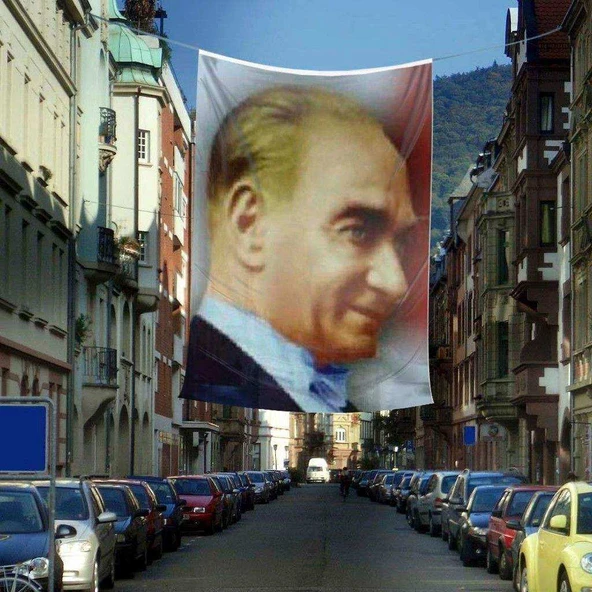 Gülümseyen Mustafa Kemal Atatürk Yan Portre Poster Cephe Bayrağı - 4x6 metre ürün görseli 1