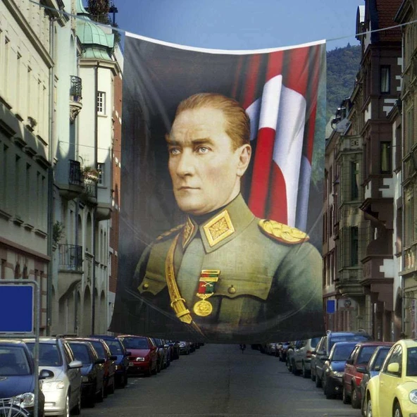 Üniformalı Gazi Mustafa Kemal Atatürk - Ay Yıldız Dış Cephe Poster Bayrak -600x900 cm ürün görseli 1