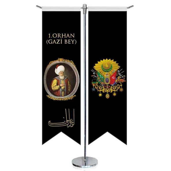 Osmanlı Padişahları - I. Orhan (Gazi Bey) ve Osmanlı Arması-Kırlangıç-Saten T direk 2li Masa Bayrağı ürün görseli 1
