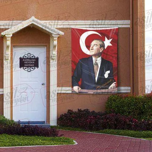 Göğe Bakan Gazi Mustafa Kemal Atatürk İmzalı Portre - Sivil Türk Bayrağı Poster - Bayrak 100x150 cm ürün görseli 1