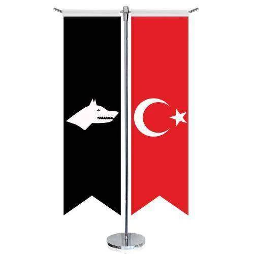 Siyah Beyaz Göktürk Bayrağı - 17 Eski Türk Devletleri ve Türkiye -Saten T direk 2li Masa Bayrağı ürün görseli 1