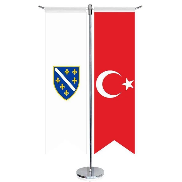 Bosna Hersek (1992-1998) Bayrağı ve Türkiye -Kırlangıç - Saten T direk 2li Masa Bayrağı ürün görseli 1