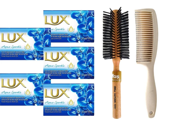 Lux Lüx Sabun Mavi 80 Gr. Aqua Sparkle 5 Adet Sabun Bio Care Saplı Tarak Saç Fırçası Klasik Şekil Verme Fön 1+1 Adet ürün görseli 1