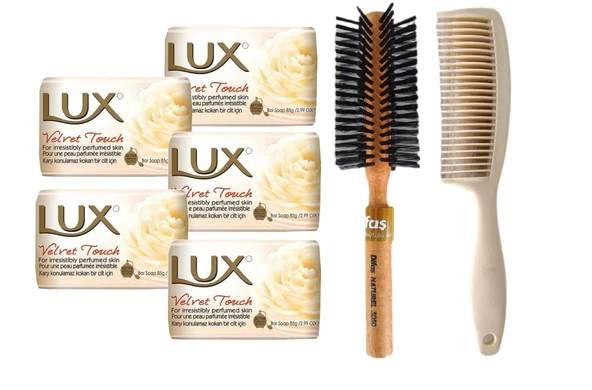 Lux Lüx Sabun 80GR Velvet Touch 5 Adet Sabun Bio Care Saplı Tarak Saç Fırçası Klasik Şekil Verme Fön 1+1 Adet ürün görseli 1