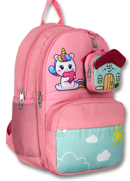 Cennec 5051 (Unicorn - Pembe Yeşil - Kız Çocuk) Okul Çantası - Sevimli Anahtarlık Dahil ürün görseli 1