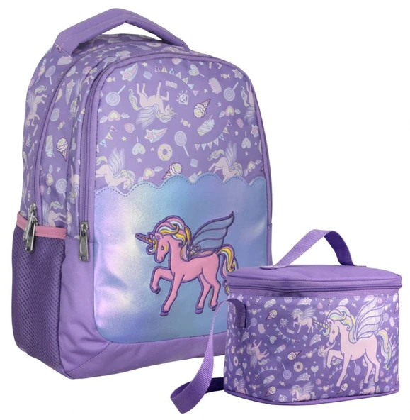 Cennec Nakışlı Unicorn Pegasus Desenli Kız Çocuk Lila İkili Çanta ve Beslenme Seti - SETUMT5027B ürün görseli 1