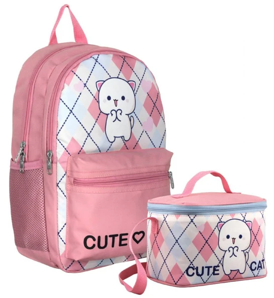 Cennec Love Cute Cat Desenli Kız Çocuk Beyaz Pembe İkili Çanta ve Beslenme Seti - SETUMT5024B ürün görseli 1