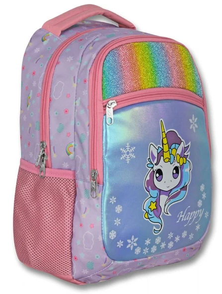Ümit Çanta Üç Gözlü Kız Çocuk İlkokul Çantası - Gökkuşağı Unicorn - Turkuaz Pembe - 5015 ürün görseli 1