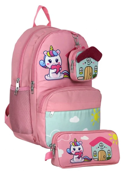 Cennec UMT5051+UMT5053 Sırt Çantası ve Kalemlik Seti (Pembe Yeşil - Unicorn - Kız Çocuk) ürün görseli 1
