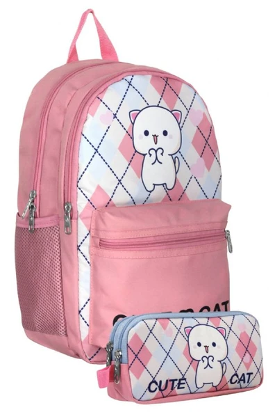 Cennec UMT5024+UMT5026 Sırt Çantası ve Kalemlik Seti (Beyaz Pembe - Love Cute Cat - Kız Çocuk) ürün görseli 1