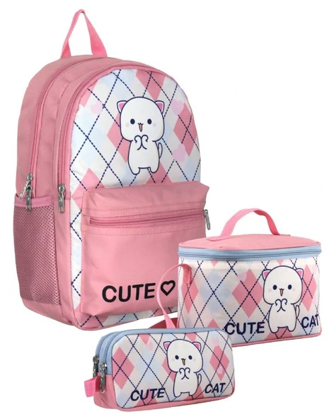 Cennec SETUMT5024A Üçlü İlkokul Çanta Seti (Beyaz Pembe - Love Cute Cat - Kız Çocuk) ürün görseli 1