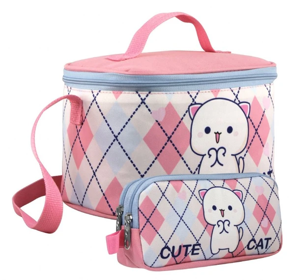 Cennec Kız Çocuk Love Cute Cat Desenli Beyaz Pembe Beslenme Çantası ve Kalemlik Seti ürün görseli 1