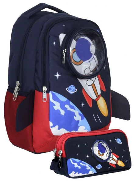 Cennec UMT5042+UMT5044 Sırt Çantası ve Kalemlik Seti (Lacivert Kırmızı - 3D Astronot - Erkek Çocuk) ürün görseli 1
