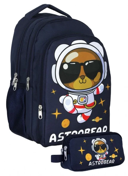 Cennec Lacivert Beyaz Astronot Ayıcık Baskılı Erkek Çocuk Çanta Seti (Sırt Çantası+Kalemlik) - SETUMT5045C ürün görseli 1