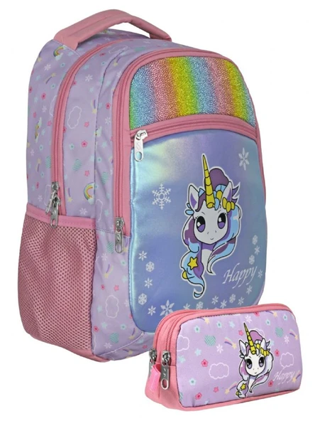 Cennec UMT5015+UMT5017 Sırt Çantası ve Kalemlik Seti (Turkuaz Pembe - Gökkuşağı Unicorn - Kız Çocuk) ürün görseli 1
