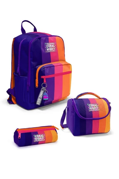 Coral High Renkli Çizgili 3'lü Okul Çanta Seti SET0123674 - Kız ürün görseli 1