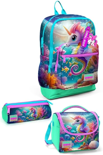 Coral High Kids Mavi Su Yeşili Denizatı Desenli 3'lü Okul Çanta Seti SET0123772 - Kız ürün görseli 1