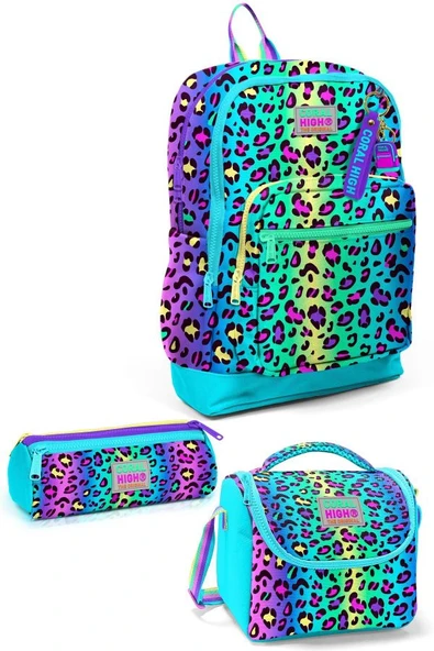 Coral High Kids Renkli Leopar Desenli 3'lü Okul Çanta Seti SET0123769 - Kız ürün görseli 1