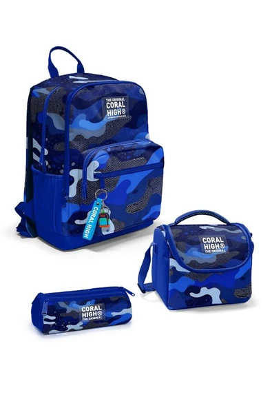 Coral High Lacivert Saks Kamuflaj Desenli 3'lü Okul Çanta Seti SET0123689 - Erkek ürün görseli 1