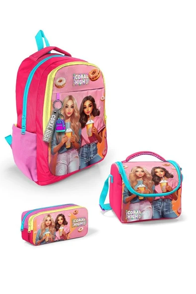 Coral High Kids Pembe Neon Mercan Fashion Girl Desenli 3'lü Okul Çanta Seti SET0123669 - Kız ürün görseli 1