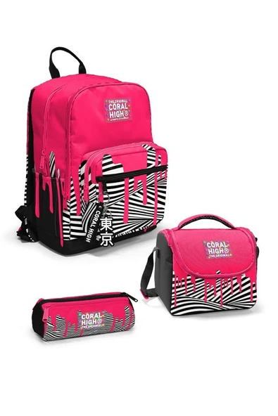 Coral High Pembe Siyah Beyaz Desenli 3'lü Okul Çanta Seti SET0123678 - Kız ürün görseli 1