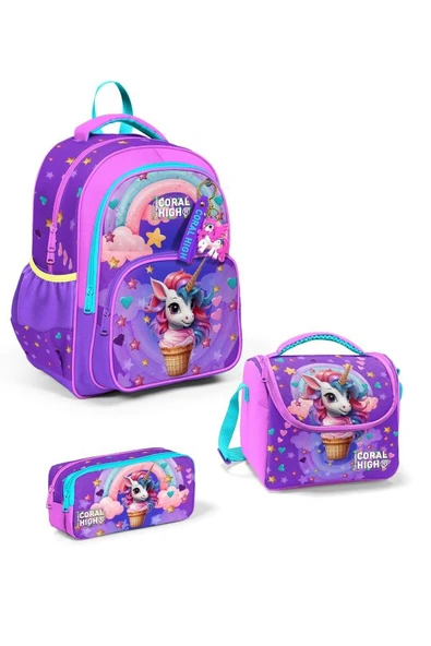 Coral High Kids Mor Pembe Unicorn Dondurma Desenli 3'lü Okul Çanta Seti SET0114421 - Kız ürün görseli 1