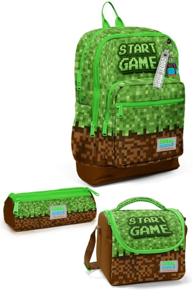 Coral High Kids Yeşil Kahverengi High Craft Desenli 3'lü Okul Çanta Seti SET0123776 - Erkek ürün görseli 1