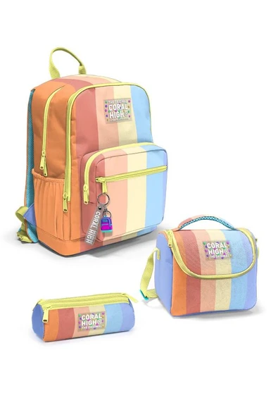 Coral High Renkli Çizgili 3'lü Okul Çanta Seti SET0123680 - Kız ürün görseli 1