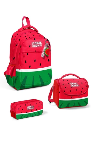 Coral High Kids Kırmızı Yeşil Karpuz Desenli 3'lü Okul Çanta Seti SET0114428 - Erkek ürün görseli 1