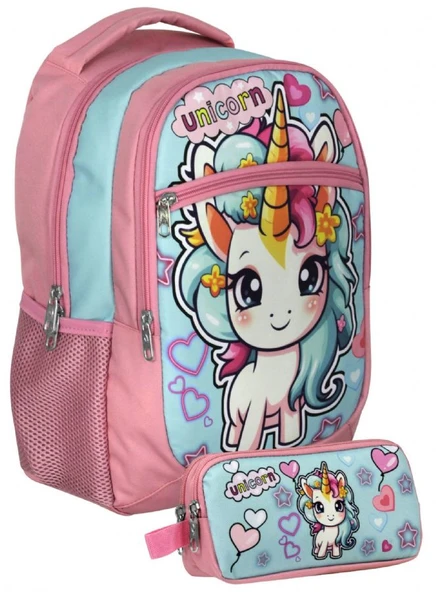 Cennec UMT5048+UMT5050 Sırt Çantası ve Kalemlik Seti (Pembe Turkuaz - Bebek Unicorn - Kız Çocuk) ürün görseli 1