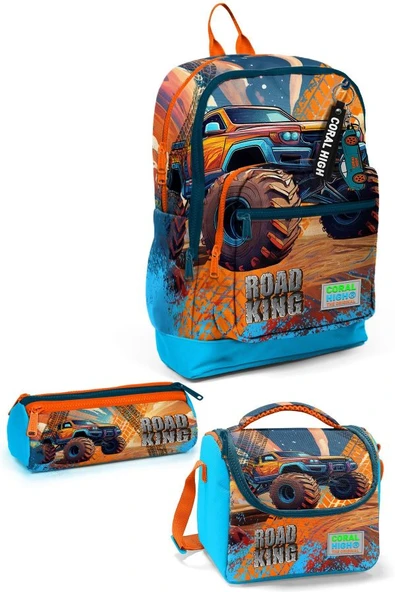 Coral High Kids Mavi Turuncu High Wheels Truck Desenli 3'lü Okul Çanta Seti SET0123778 - Erkek ürün görseli 1