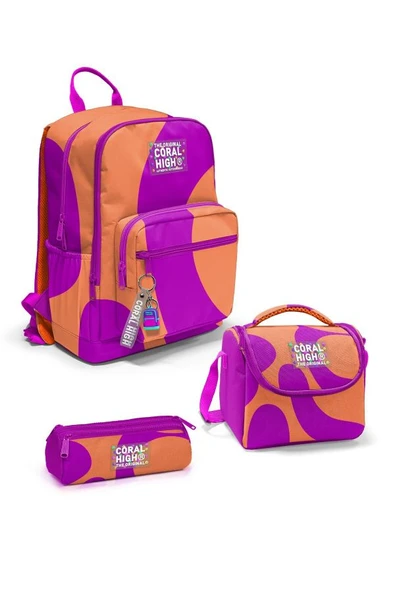 Coral High Koyu Pembe Turuncu Desenli 3'lü Okul Çanta Seti SET0123684 - Kız ürün görseli 1
