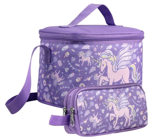 Cennec Kız Çocuk Nakışlı Unicorn Pegasus Desenli Lila Beslenme Çantası ve Kalemlik Seti ürün görseli 1