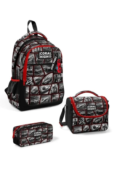Coral High Kids Siyah Kırmızı Araba Desenli 3'lü Okul Çanta Seti SET0114429 - Erkek ürün görseli 1