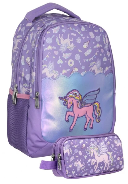 Cennec UMT5027+UMT5029 Sırt Çantası ve Kalemlik Seti (Lila - Nakışlı Unicorn Pegasus - Kız Çocuk) ürün görseli 1