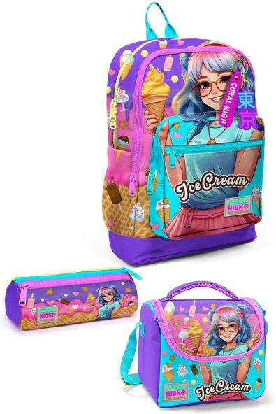 Coral High Kids Lila Turkuaz Dondurma ve Anime Desenli 3'lü Okul Çanta Seti SET0123773 - Kız ürün görseli 1